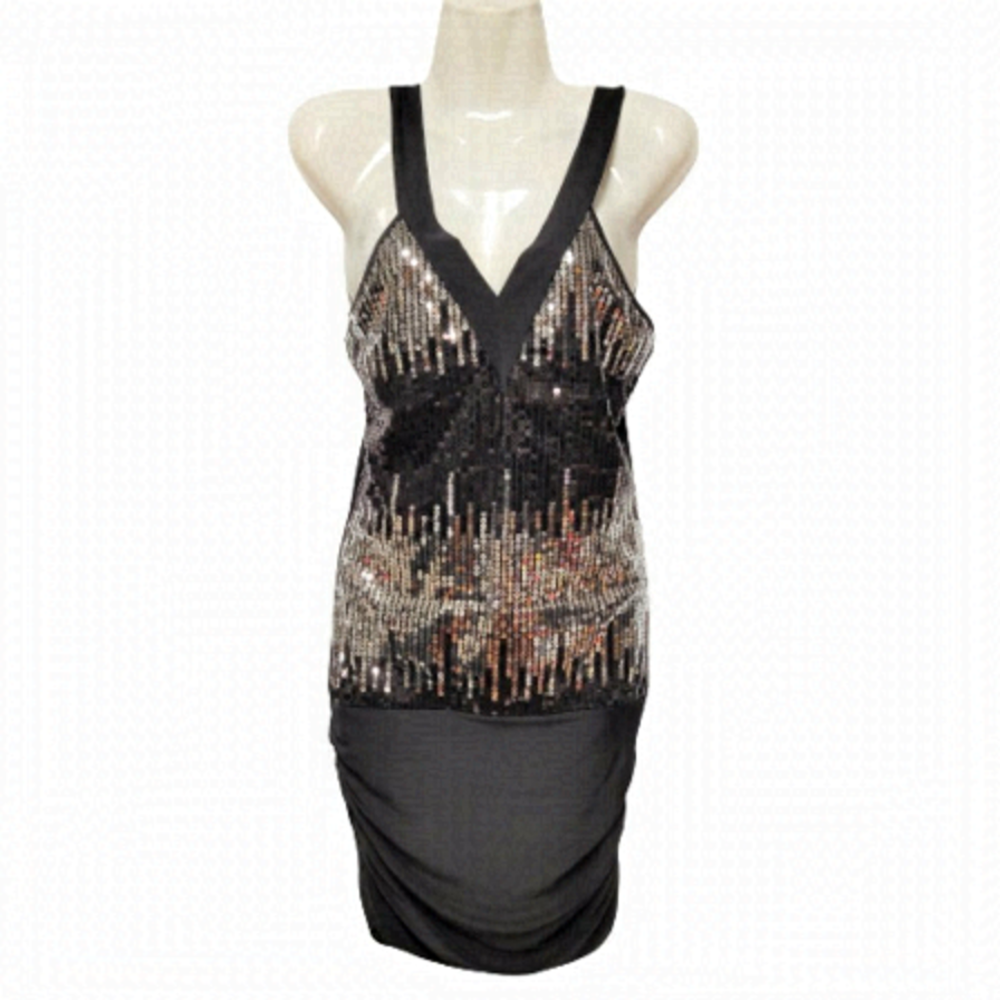 Sequin Sparkly Black and Silver Halter Strap Sexy Dress- Size L